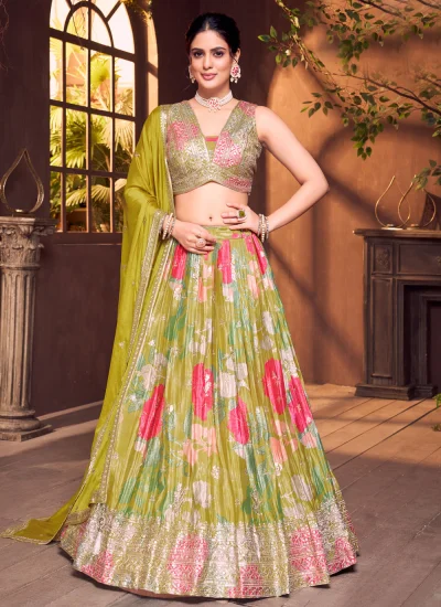 Silk Digital Print Green Designer Lehenga Choli