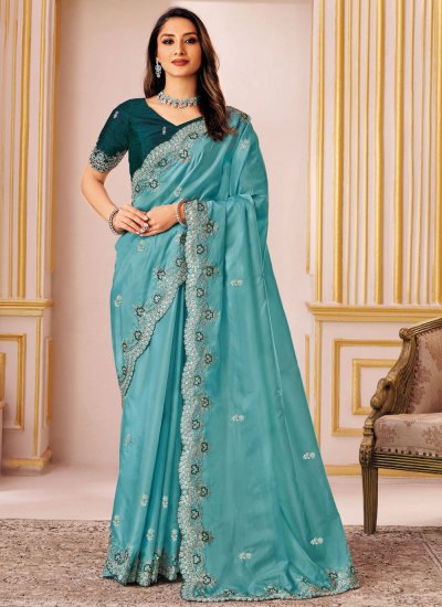 Silk Embroidered Contemporary Saree in Aqua Blue