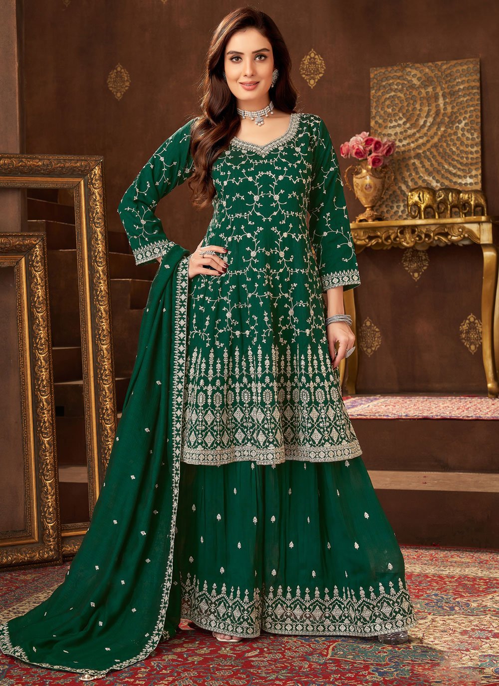 green long dress with flowers Women's Green Chinon Sharara Suit Set Hand Embroidered Ethnic Party We
