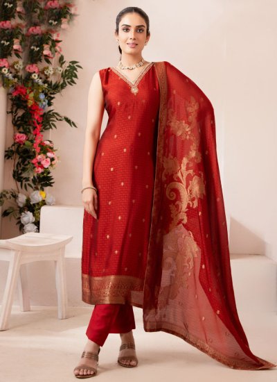 Silk Embroidered Red Readymade Salwar Suit