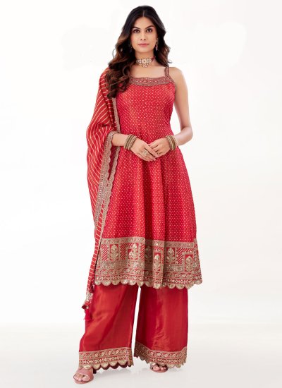 Silk Embroidered Red Readymade Style