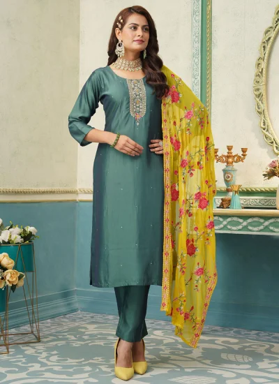 Silk Embroidered Teal Trendy Salwar Kameez
