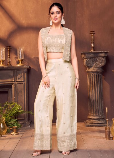 Silk Embroidered Trendy Salwar Kameez in Cream