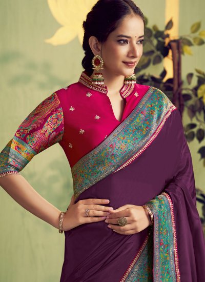
                            Silk Embroidered Wine Traditional Saree
