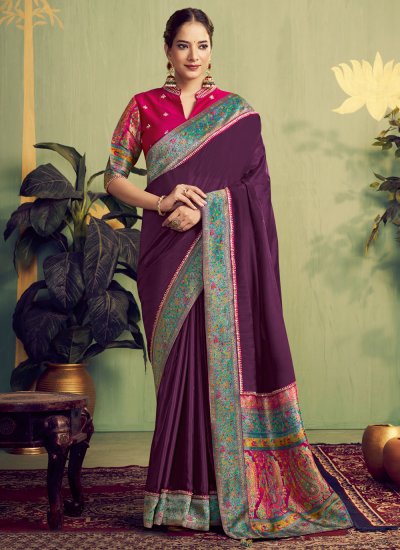 Silk Embroidered Wine Traditional Saree