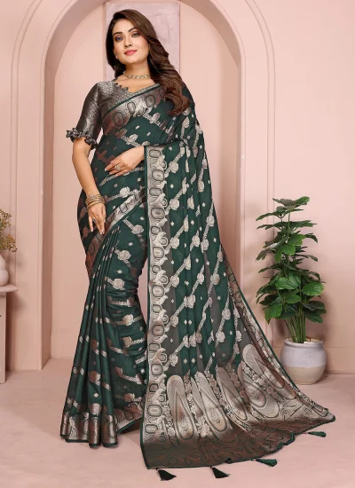 Silk Green Floral Print Trendy Saree