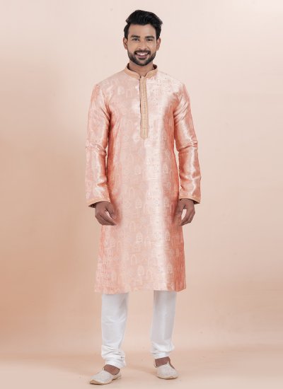 Silk Jacquard Work Kurta Pyjama in Peach
