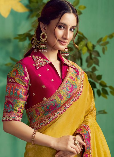 
                            Silk Mustard Embroidered Trendy Saree