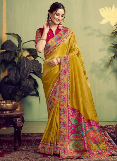 Silk Mustard Embroidered Trendy Saree