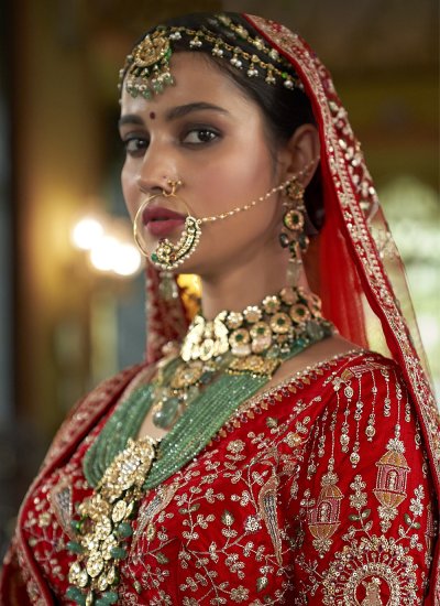 
                            Silk Pearls A Line Lehenga Choli in Red