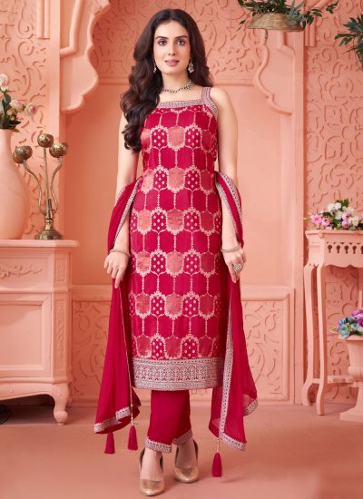 Silk Pink Embroidered Pant Style Suit