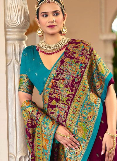 
                            Silk Print Purple Contemporary Saree