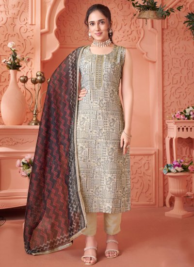 Silk Readymade Salwar Kameez in Beige