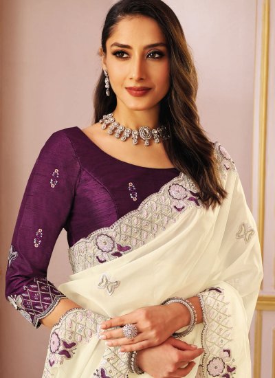 
                            Silk White Embroidered Trendy Saree