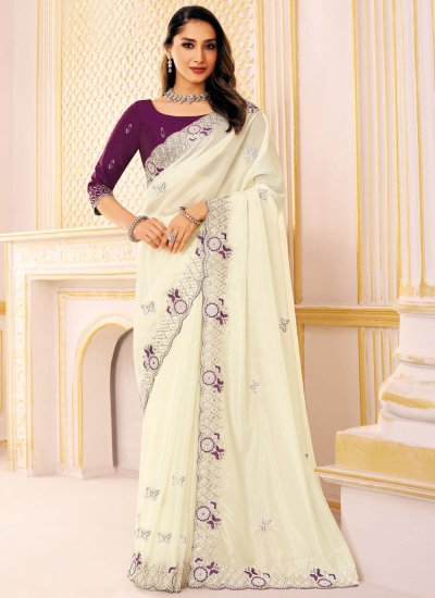 Silk White Embroidered Trendy Saree