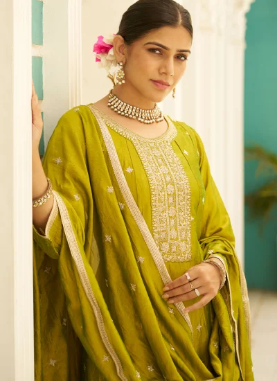 
                            Snazzy Sequins Green Silk Blend Readymade Style