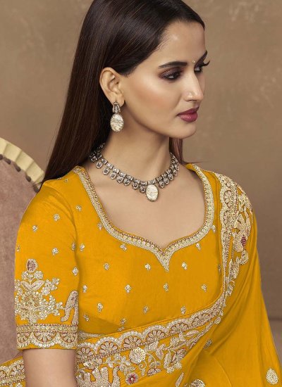 
                            Sparkling Satin Yellow Trendy Saree