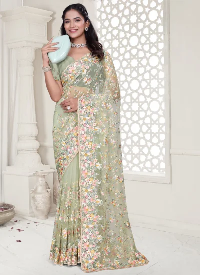Stone Net Designer Saree in Green