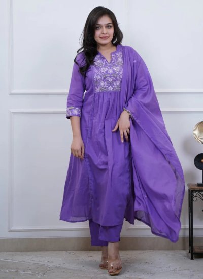 Tantalizing Lavender Embroidered Cotton Salwar Suit