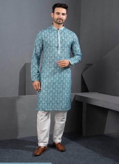 Teal Printed Kurta Pyjama