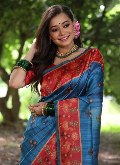 
                            Teal Tussar Silk Casual Classic Saree