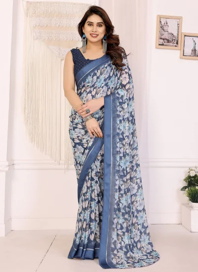 Tempting Moss Blue Printed Contemporary Saree