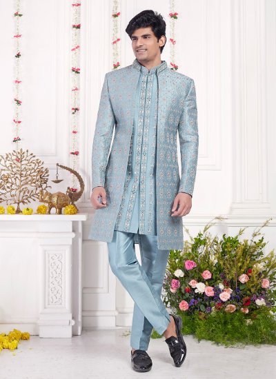 $368 - $429 - Turquoise Engagement Kurta Paviama With Jacket Velvet Thread  Work Mens Wear online shopping
