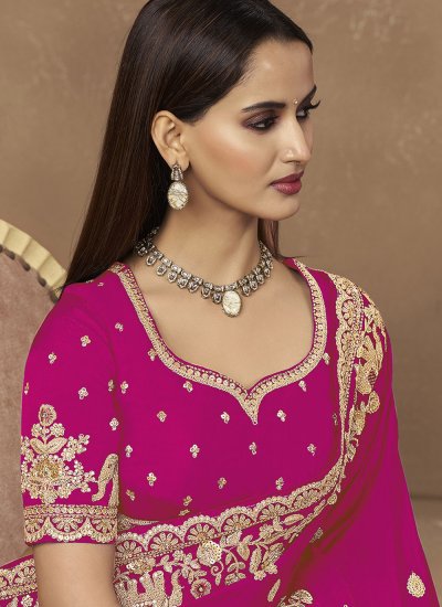 
                            Thread Work Satin Classic Saree in Pink