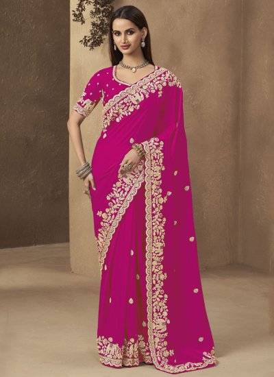 Thread Work Satin Classic Saree in Pink