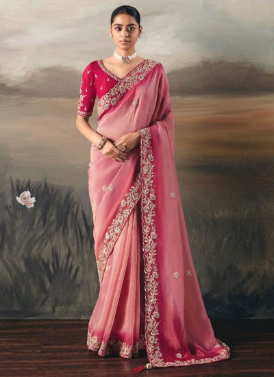 Tissue Pink Embroidered Trendy Saree