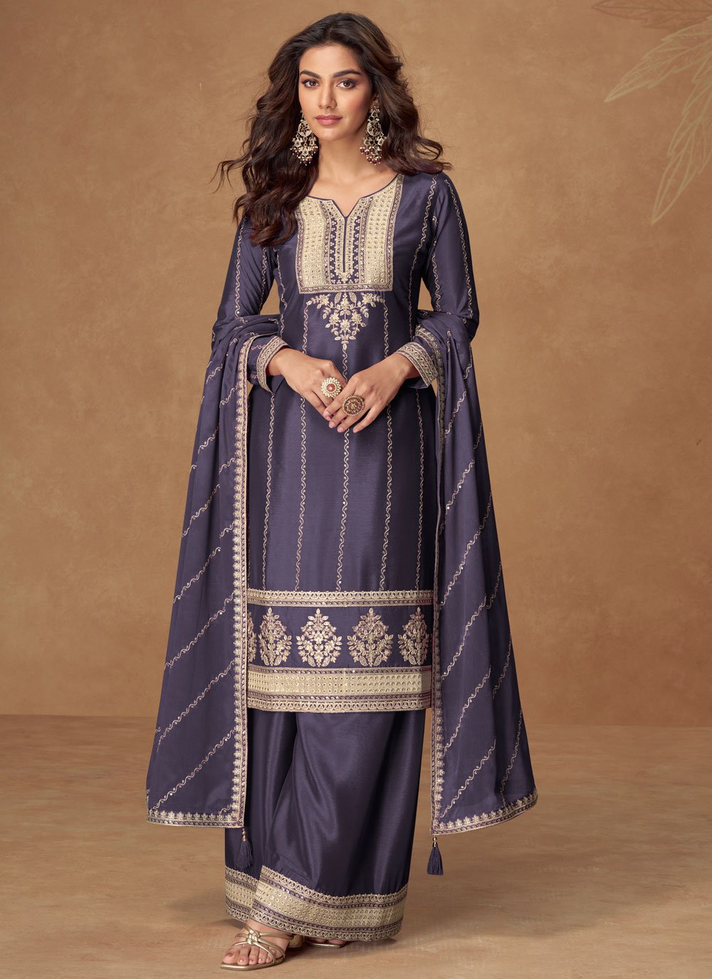 Topnotch Chinon Grey and Navy Blue Trendy Salwar Kameez