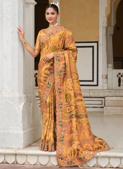 Traditional Saree Khatli Work Silk in Orange