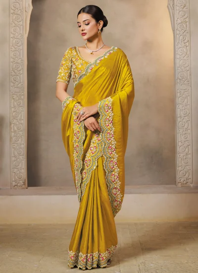 Traditional Saree Sequins Satin Silk in Yellow 
                            Traditional Saree Sequins Satin Silk in Yellow