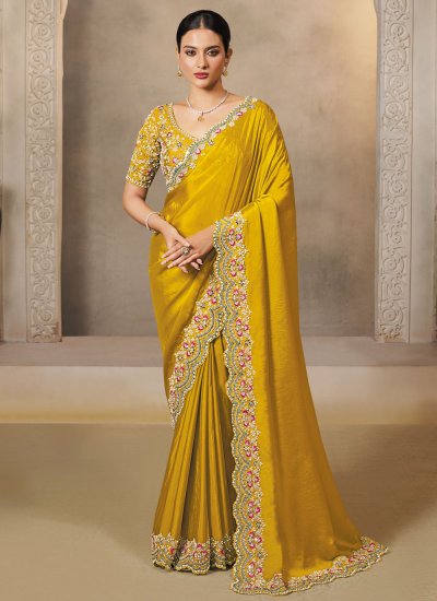 Traditional Saree Sequins Satin Silk in Yellow