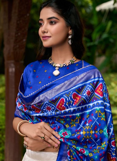 Trendy Blue Patola Print Tussar Silk Designer Long Lehenga Choli
