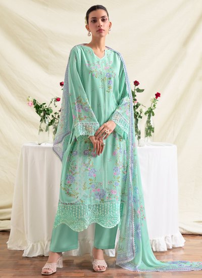 Trendy Salwar Kameez Embroidered Muslin in Turquoise