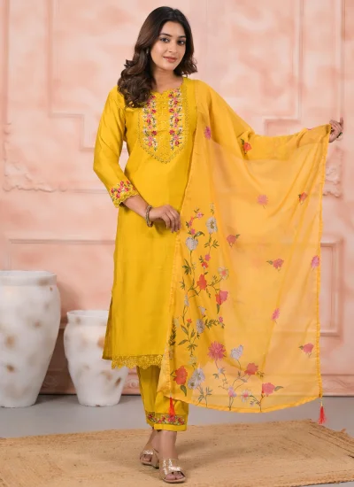 Trendy Salwar Kameez Embroidered Silk in Yellow