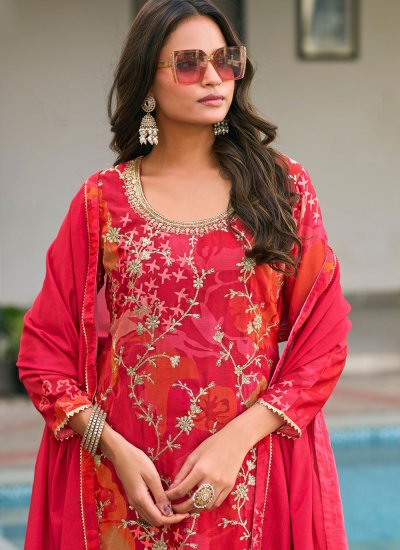 Trendy Salwar Kameez Zari Chinon in Rani
