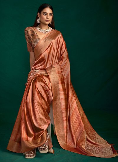 Tussar Silk Digital Print Contemporary Saree in Orange