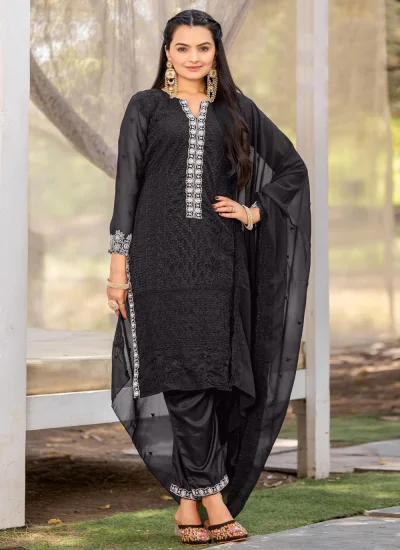 Unique Embroidered Georgette Black Pant Style Suit