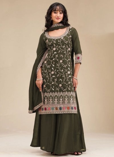 Vichitra Silk Embroidered Palazzo Salwar Suit in Green