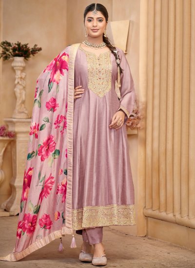 Vichitra Silk Embroidered Trendy Salwar Kameez in Lavender