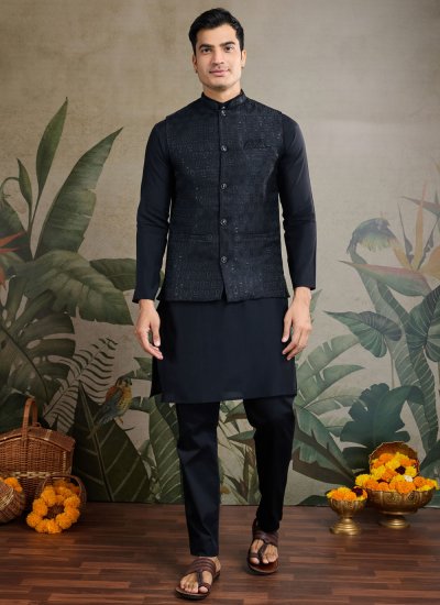 Viscose Jacquard Work Black Kurta Payjama With Jacket