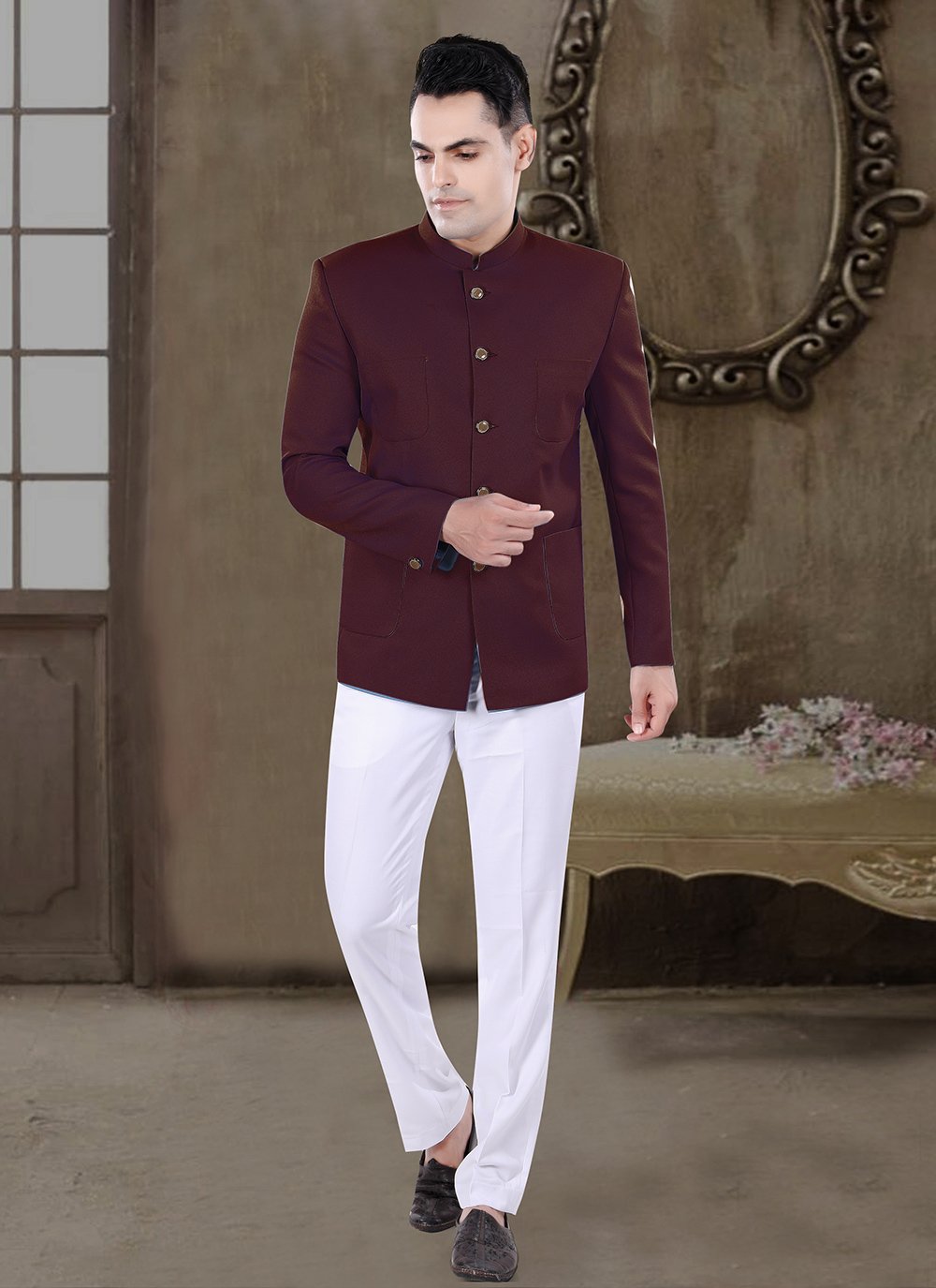 Viscose Plain Maroon Jodhpuri Suit