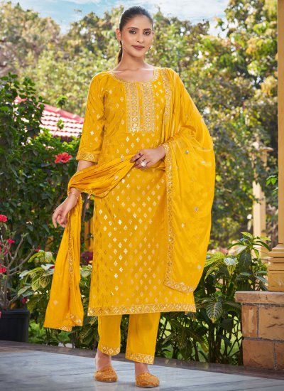 Viscose Yellow Embroidered Trendy Salwar Kameez