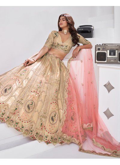 Vivid Embroidered Banarasi Silk Brown A Line Lehenga Choli 
                            Vivid Embroidered Banarasi Silk Brown A Line Lehenga Choli