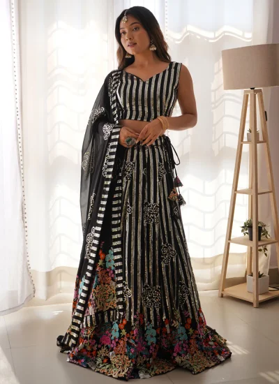 Whimsical Black Zari Faux Georgette Trendy Lehenga Choli
