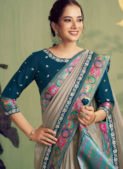 
                            Whimsical Embroidered Grey Contemporary Saree