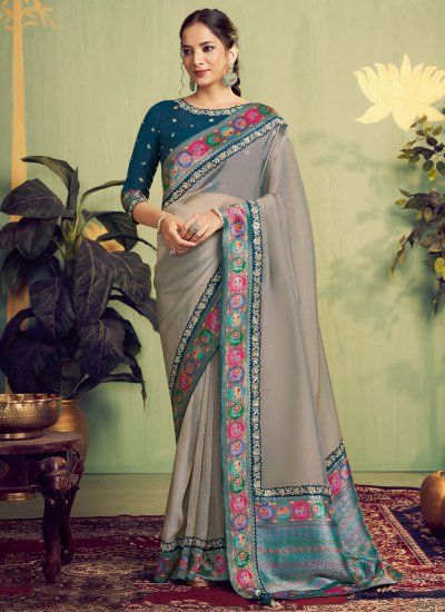 Whimsical Embroidered Grey Contemporary Saree