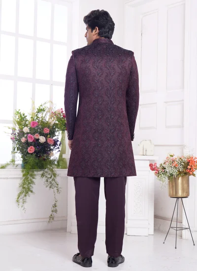 
                            Wine Jacquard Silk Buttons Indo Western